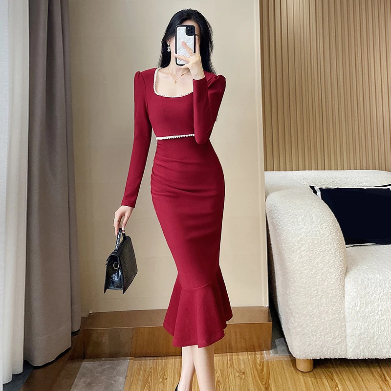 Spring New Fashion 2023 Women Square Collar Long Sleeve Pearls Beading Folds Mermaid Mid-calf Solid Color Elegant Dress
Spring New Fashion 2023 Women Square Collar Long Sleeve Pearls Beading Folds Mermaid Mid-calf Solid Color Elegant Dress