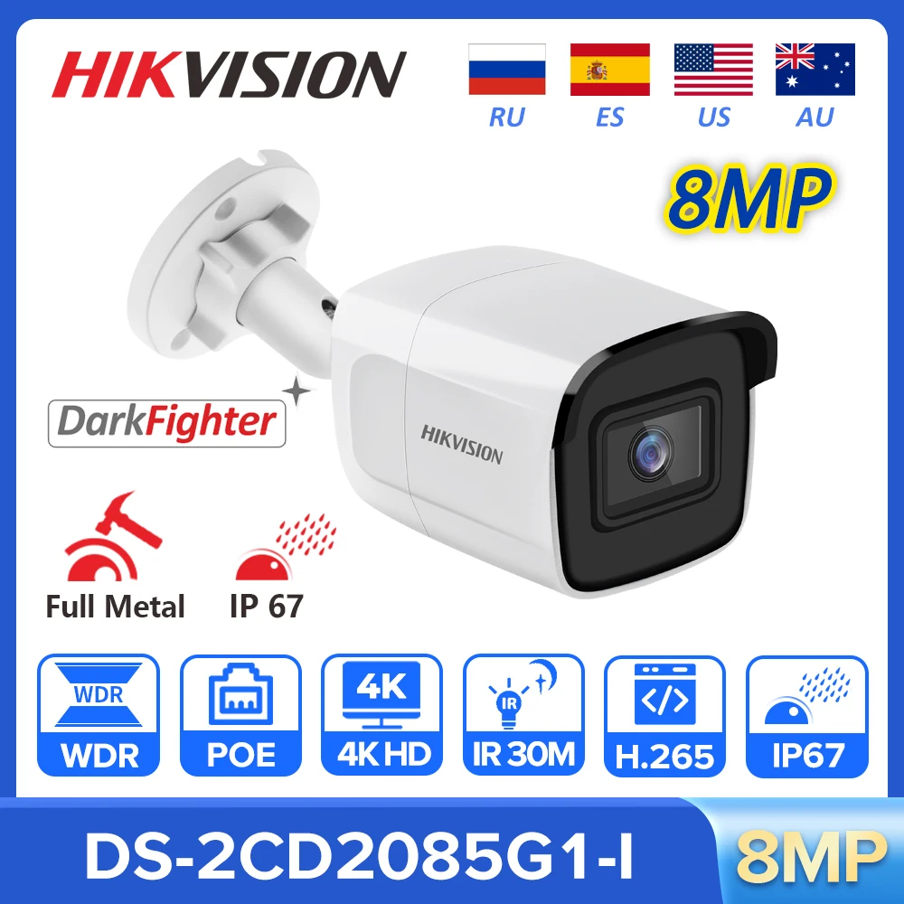 

IP-камера Hikvision 8 Мп, DS-2CD2085G1-I 4K, фиксированная цилиндрическая мини-камера, Darkfighter, ИК 30 м, подключи и работай, IP67 H.265 + POE CCTV IPC Веб-камера