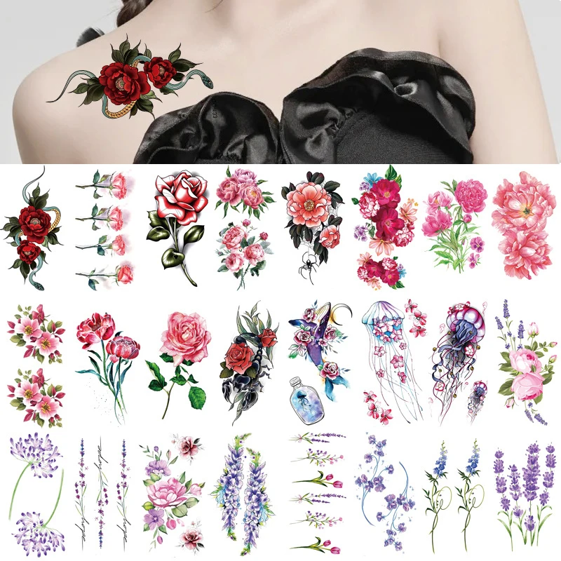 

Маленькие Цветные водостойкие временные тату-наклейки с цветами, женские, розовые, бабочки, блестящие перья, имитация татуировки, руки, талии, рук, мужчин