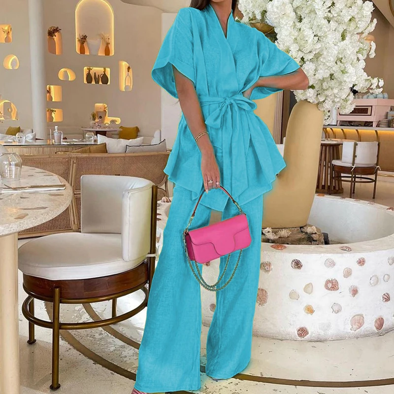 Fashion Casual Solid Cotton Linen 2 Piece Set Summer Elegant Half Sleeve Straight Pants Suit Women V Neck Lace-up Office Outfits
Fashion Casual Solid Cotton Linen 2 Piece Set Summer Elegant Half Sleeve Straight Pants Suit Women V Neck Lace-up Office Outfits