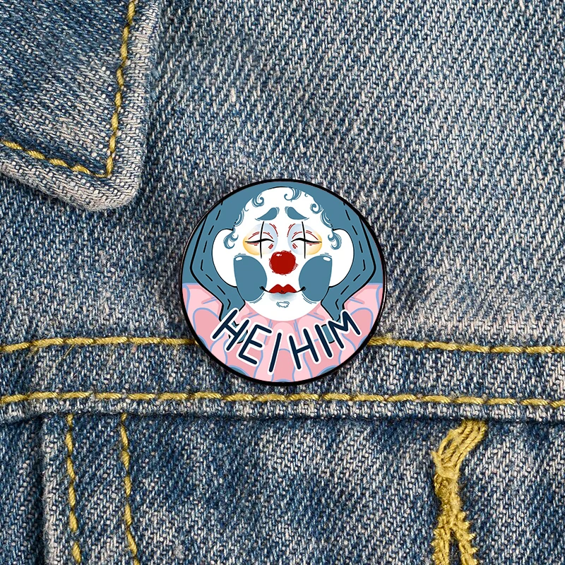 He him pronoun clown Pin Custom Brooches Shirt Lapel teacher tote Bag backpacks Badge Cartoon gift brooches pins for women
He him pronoun clown Pin Custom Brooches Shirt Lapel teacher tote Bag backpacks Badge Cartoon gift brooches pins for women