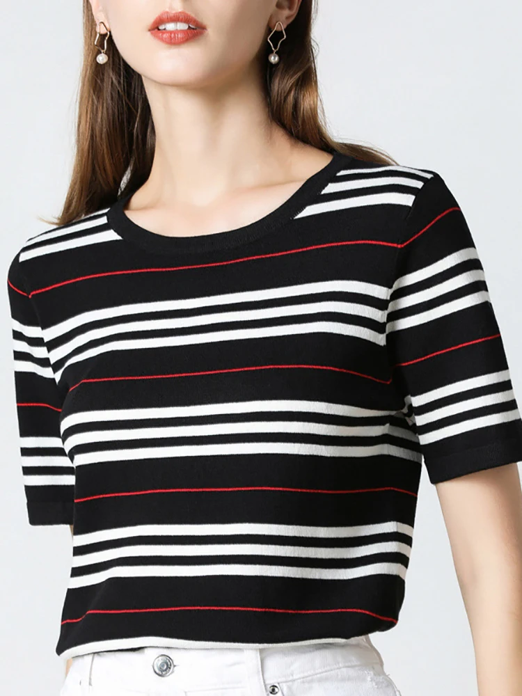 Striped Knitted Top T Shirt Women Tshirt Summer Short Sleeve Tee Shirt Femme Korean Style T-Shirts Woman Clothes Camisetas Mujer
Striped Knitted Top T Shirt Women Tshirt Summer Short Sleeve Tee Shirt Femme Korean Style T-Shirts Woman Clothes Camisetas Mujer