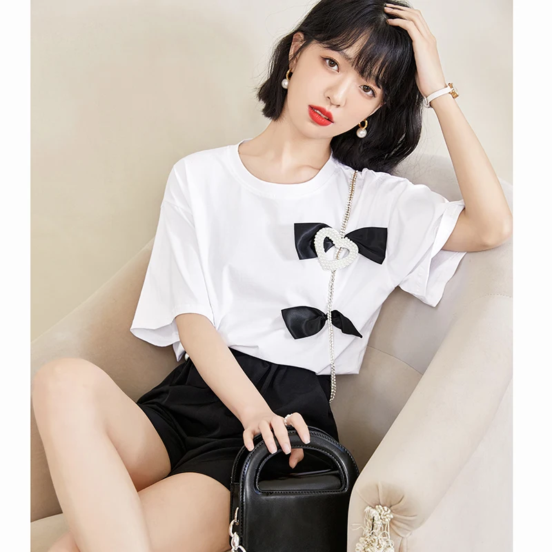 Cotton Women's T-shirt Summer Bow White Top Short Sleeve New 2022 O-Neck Casual Tees Fashion Korean Style Female Clothes
Cotton Women's T-shirt Summer Bow White Top Short Sleeve New 2022 O-Neck Casual Tees Fashion Korean Style Female Clothes