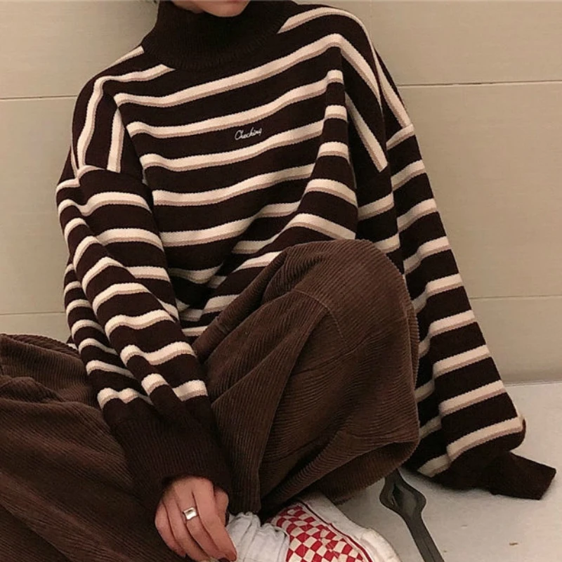 

Свитер с воротником-хомутом, Женский стильный полосатый осенне-зимний модный женский студенческий пуловер Ulzzang в стиле Харадзюку, мягкий шикарный Дамский пуловер