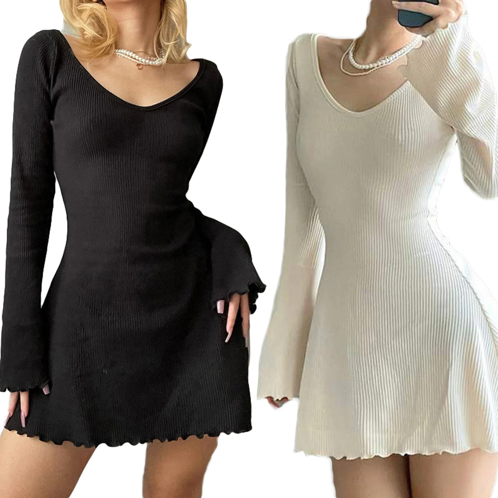 Women Summer Slim A-Line Dress Solid Color Ribbed Long Sleeve V-Neck Slim Fit Mini Dress for Party Beach
Women Summer Slim A-Line Dress Solid Color Ribbed Long Sleeve V-Neck Slim Fit Mini Dress for Party Beach