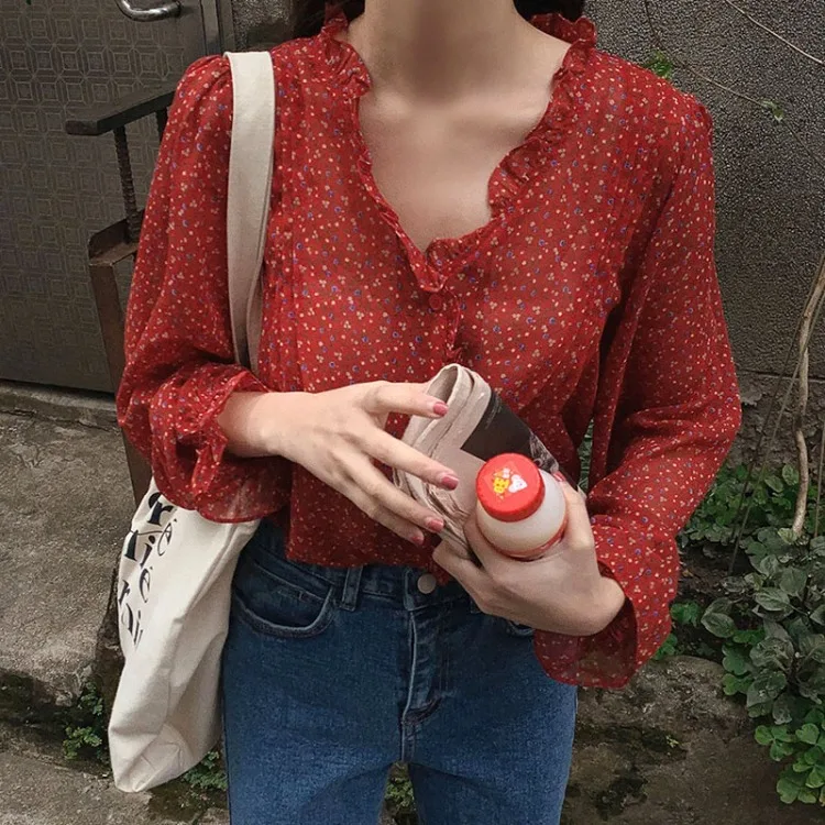 Chiffon Tops for Women Cute Ruffled Floral Red Shirt Elegant Long Sleeve Casual Blouse Korean Style Streetwear 2022 Summer
Chiffon Tops for Women Cute Ruffled Floral Red Shirt Elegant Long Sleeve Casual Blouse Korean Style Streetwear 2022 Summer