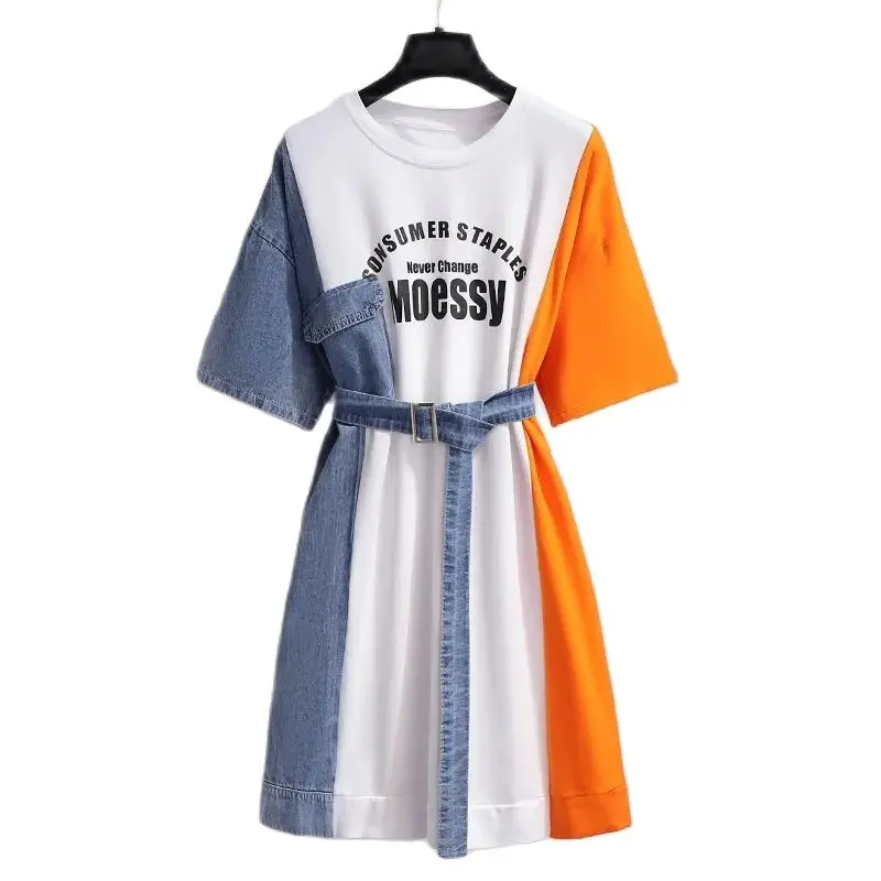 Denim Stitching Dress Belt Women's Summer 2023 New Design Sense Letter Short Sleeve Round Neck A-line Skirt Waist Slimming Skirt
Denim Stitching Dress Belt Women's Summer 2023 New Design Sense Letter Short Sleeve Round Neck A-line Skirt Waist Slimming Skirt