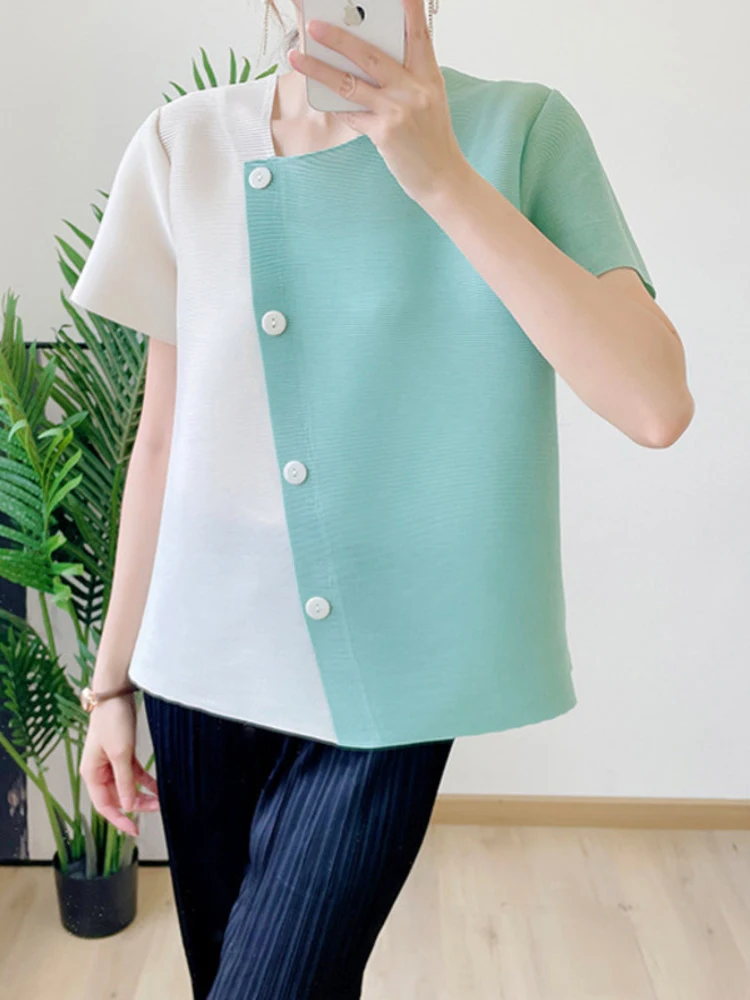 Pleated Patchwork T-shirt Summer 2022 Women O Neck Short Sleeve Contrasting Colors Casual Tops Fashion Trend
Pleated Patchwork T-shirt Summer 2022 Women O Neck Short Sleeve Contrasting Colors Casual Tops Fashion Trend