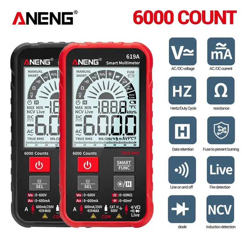 Цифровой мультиметр ANENG 619A, мультиметр NCV, измеритель переменного/постоянного тока, тестеры напряжения, True RMS, 6000 отсчетов, профессиональный ...
Цифровой мультиметр ANENG 619A, мультиметр NCV, измеритель переменного/постоянного тока, тестеры напряжения, True RMS, 6000 отсчетов, профессиональный ...