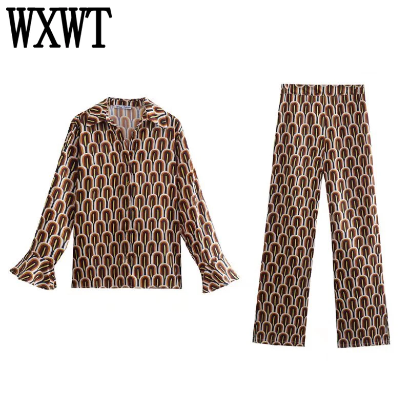 WXWT Women Laminate Decorate Print Long Sleeve Shirts With High Waist Flare Pants Ladies High Quality Sets 2022 XX8565
WXWT Women Laminate Decorate Print Long Sleeve Shirts With High Waist Flare Pants Ladies High Quality Sets 2022 XX8565