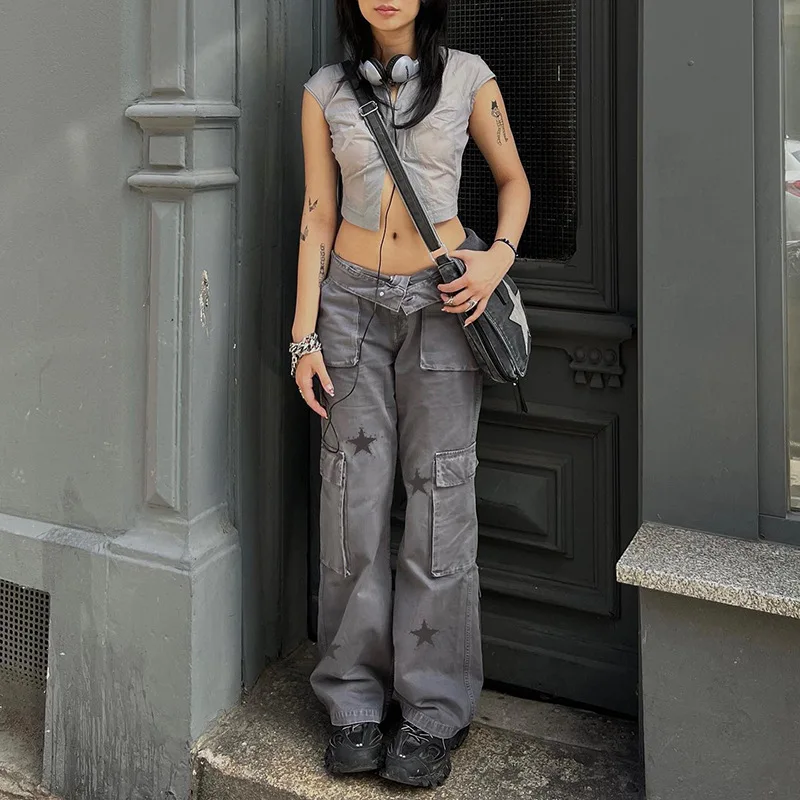 Lady Jeans Street Retro Low Rise Denim Cargo Pants Star Print Women's Large Pocket Straight Casual Pants
Lady Jeans Street Retro Low Rise Denim Cargo Pants Star Print Women's Large Pocket Straight Casual Pants