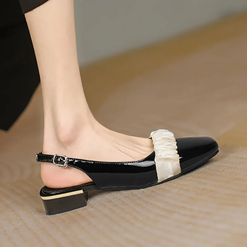 Сандалии женские из лакированной кожи, босоножки с квадратным носком, без застежки, на плоской подошве, классические, со складками, 1179N 
Сандалии женские из лакированной кожи, босоножки с квадратным носком, без застежки, на плоской подошве, классические, со складками, 1179N