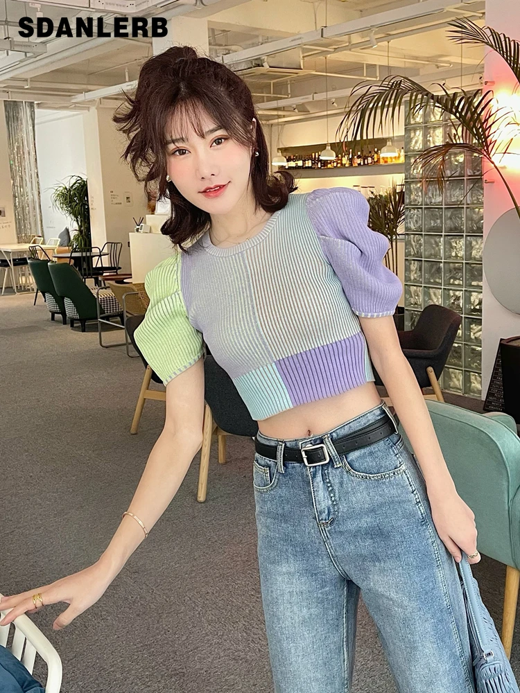 Retro Knitwear Top Summer New Thin French Style Short Puff Sleeve T-shirt Elegant Stitching Slimming Inner Clothing for Women 
Retro Knitwear Top Summer New Thin French Style Short Puff Sleeve T-shirt Elegant Stitching Slimming Inner Clothing for Women