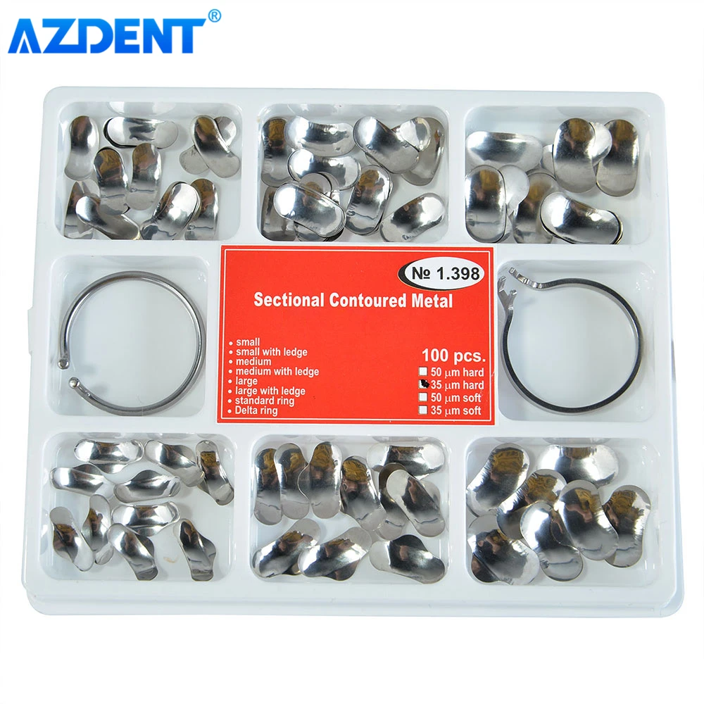 AZDENT 100Pcs/Box Dental Sectional Contoured Filling Molding Sheets Metal No.1.398 Size 35μm Hard with 2 Rings
AZDENT 100Pcs/Box Dental Sectional Contoured Filling Molding Sheets Metal No.1.398 Size 35μm Hard with 2 Rings