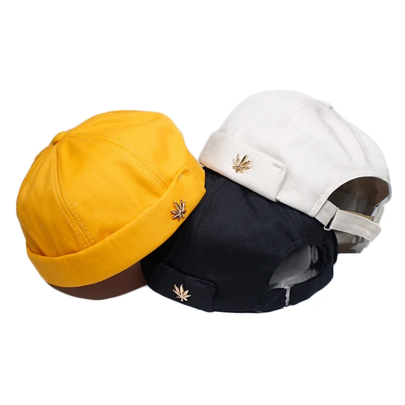 

Men Women Cotton Solid Color Adjustable Skullcap Hats Sailor Cap Leaf Rivet Embroidery Warm Rolled Cuff Bucket Cap Brimless Hat