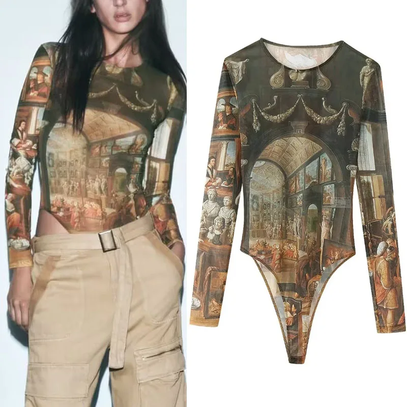 Женское Тюлевое боди с длинным рукавом, круглым вырезом и принтом
Женское Тюлевое боди с длинным рукавом, круглым вырезом и принтом