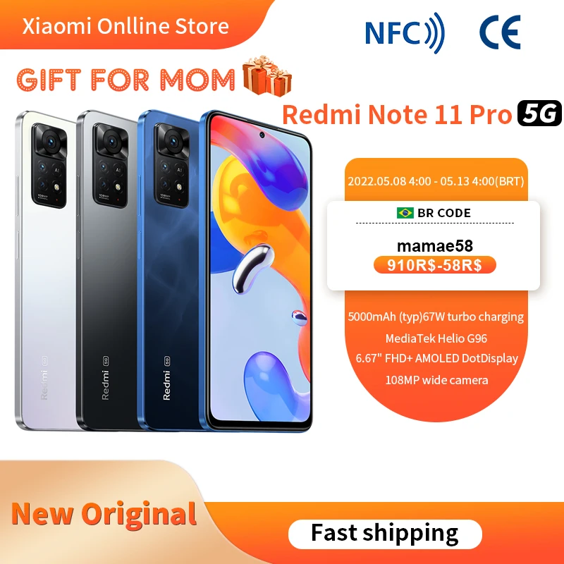 Global Version Xiaomi Redmi Note 11 Pro 5G 64/128GB Smartphone Octa Core Snapdragon 695 108MP Camera 67W Turbo Charging 5000mAh
Global Version Xiaomi Redmi Note 11 Pro 5G 64/128GB Smartphone Octa Core Snapdragon 695 108MP Camera 67W Turbo Charging 5000mAh