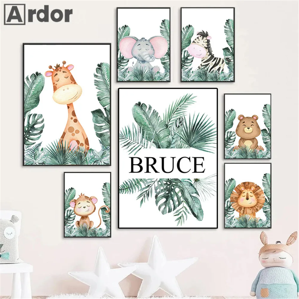 

Plant Leaf Jungle Animals Prints Custom Name Canvas Poster Lion Zebra Nursery Art Painting Nordic Wall Pictures Kids Room Decor