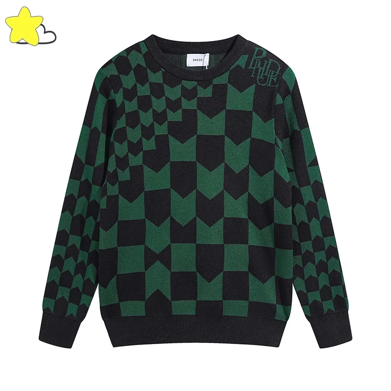 Повседневный модный вязаный свитер ревеня для мужчин и женщин, высококачественный зеленый синий шахматный узор, полностью жаккардовый Свитшот ревеня
Повседневный модный вязаный свитер ревеня для мужчин и женщин, высококачественный зеленый синий шахматный узор, полностью жаккардовый Свитшот ревеня