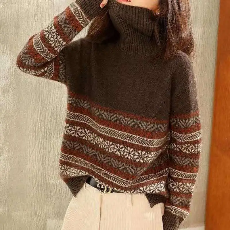 Lazy style high neck sweater for women's new autumn/winter Korean version jacquard retro pullover knit bottom trend
Lazy style high neck sweater for women's new autumn/winter Korean version jacquard retro pullover knit bottom trend