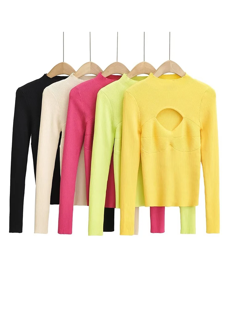 

Women Long Sleeve O-neck Hollow Out Sweater 5 Colors Knitted Tops Stretchable Slim Pullovers