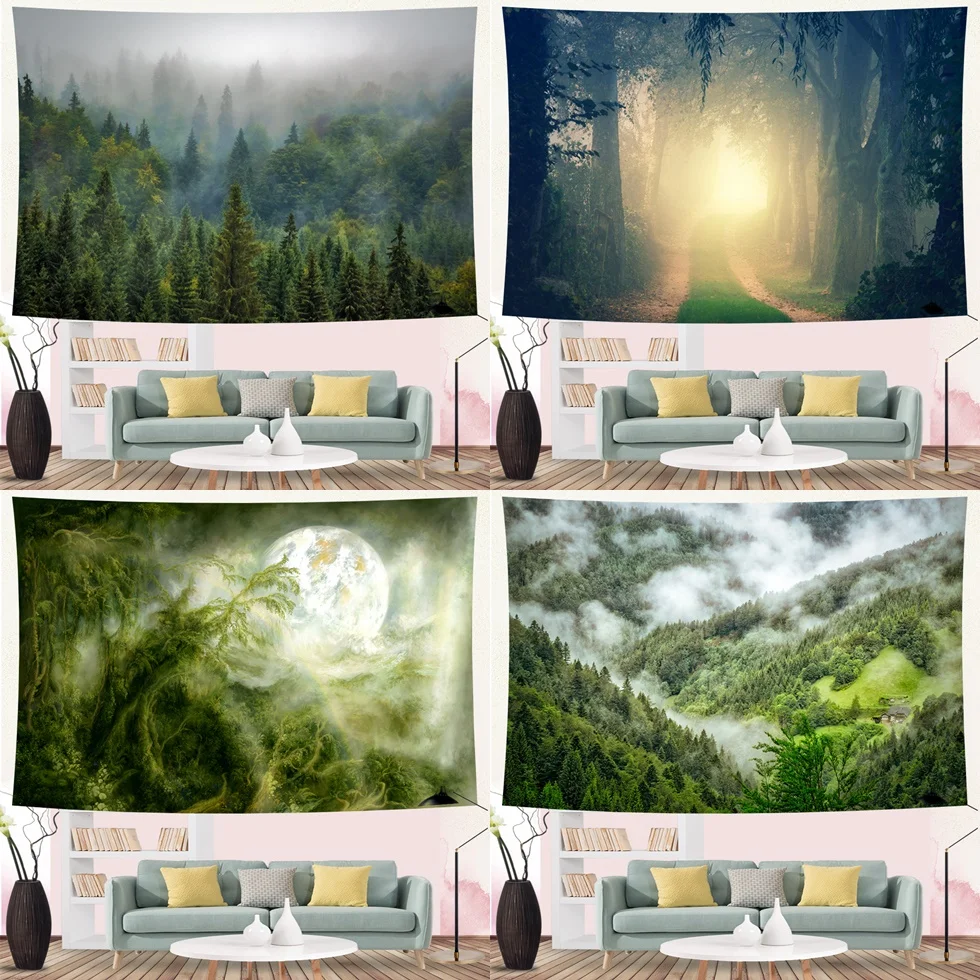 

Misty Forest Tapestry Psychedelic Natural Scenery Trees Plants Art Wall Hanging Tapestries for Living Room Bedroom Home Blanket