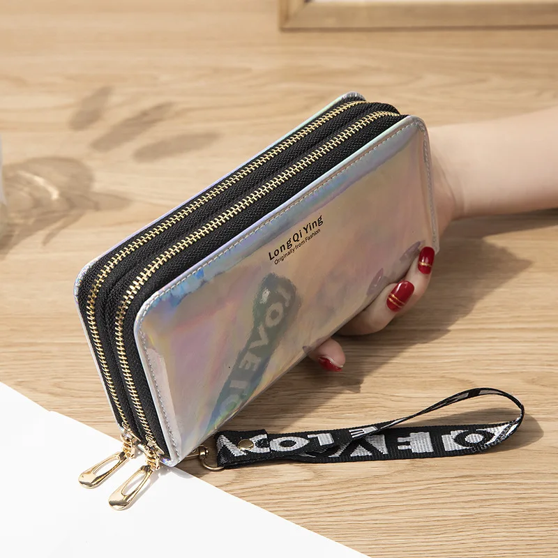 

2023 New Laser Ladies Wallet Fashion Wristband Double Zipper Coin Purse Long Small Money Bag Credit Card Holder Female Phone Bag
