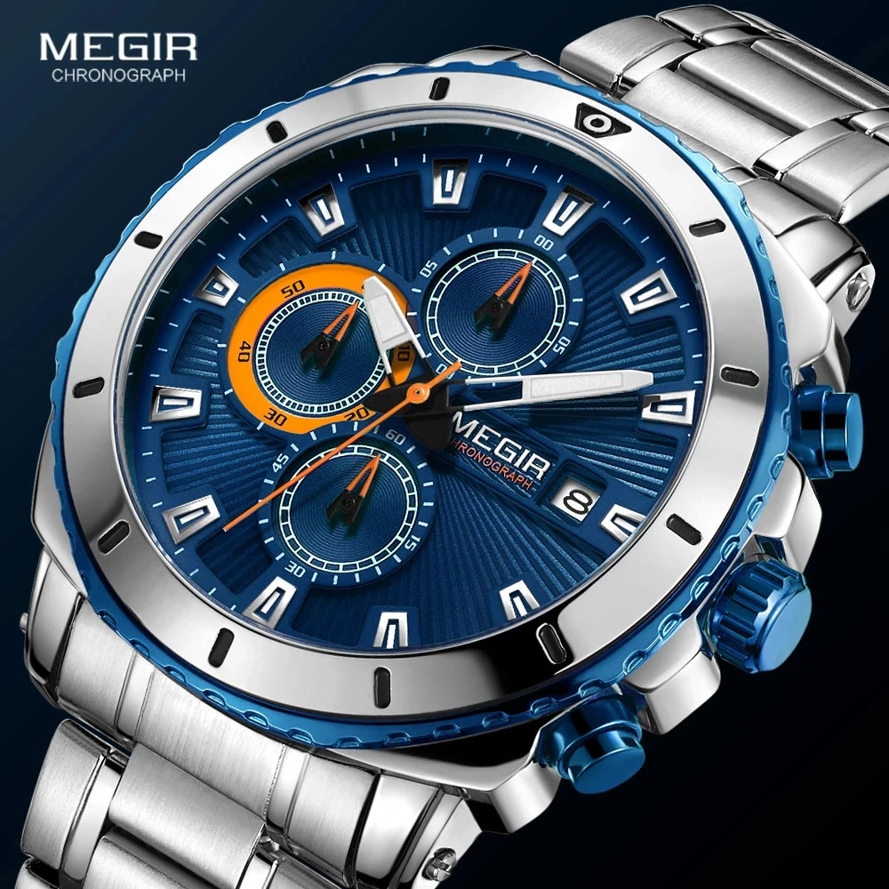 MEGIR Men's Blue Dial Chronograph Quartz Watches Fashion Stainless Steel Analogue Wristwatches for Man Luminous Hands 2075G-2
MEGIR Men's Blue Dial Chronograph Quartz Watches Fashion Stainless Steel Analogue Wristwatches for Man Luminous Hands 2075G-2