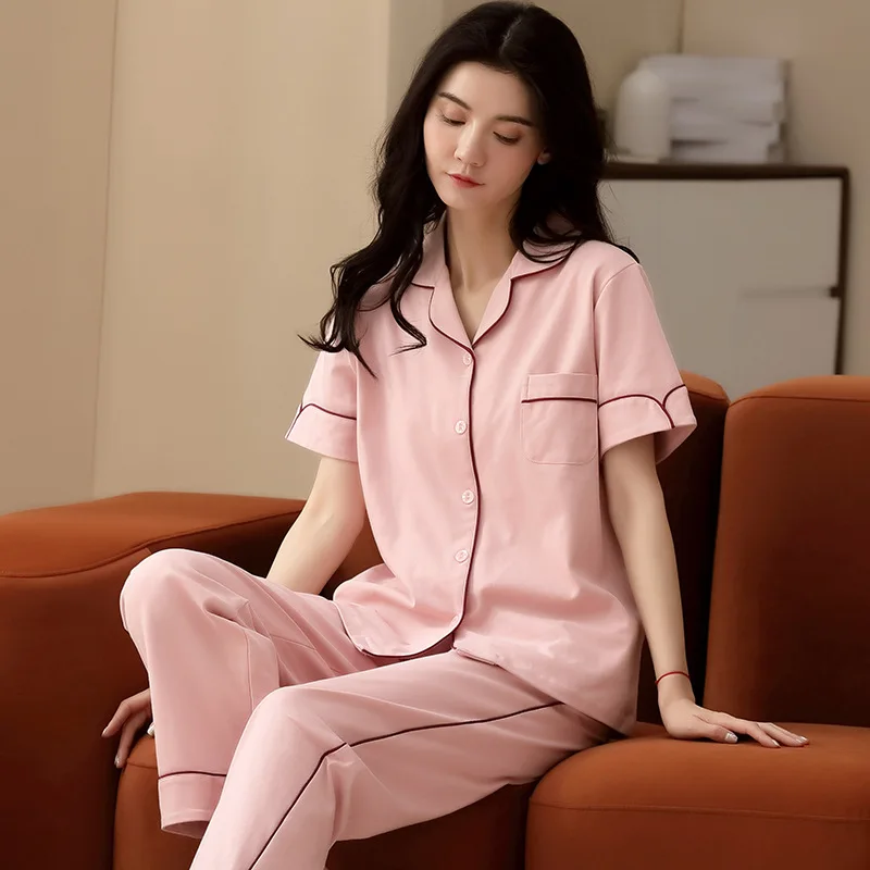 Cotton Pajamas Set for Ladies Spring and Summer Thin Section Short-sleeved Trousers Home Suits Ladies Sleep Wear Home Clothes
Cotton Pajamas Set for Ladies Spring and Summer Thin Section Short-sleeved Trousers Home Suits Ladies Sleep Wear Home Clothes
