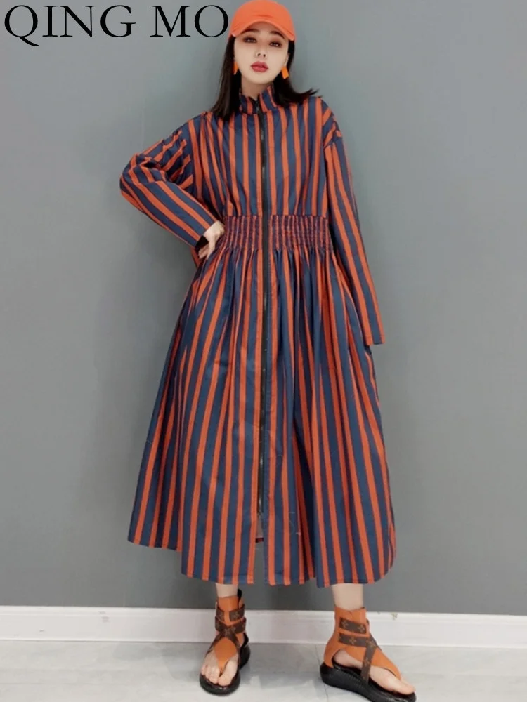 

QING MO 2023 Spring Autumn New Fashion Mid-length Dress Stripe Waistband Show Slim Female Streetwear Dress ZXF1125