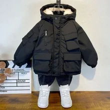 Пуховик 2023 Winter New Boys Jacket Splicing Thicken Keep Warm Hooded Cold Protection Windbreake for 3-10 Years Old Kids Coat