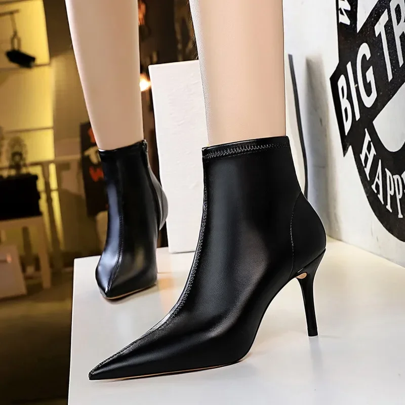 

Sexy Women Short Boots OL Solid 8cm High Heels Pointed Toe Fashion Pumps For Woman Party Office Shoes Female Ankle Booties Shoes