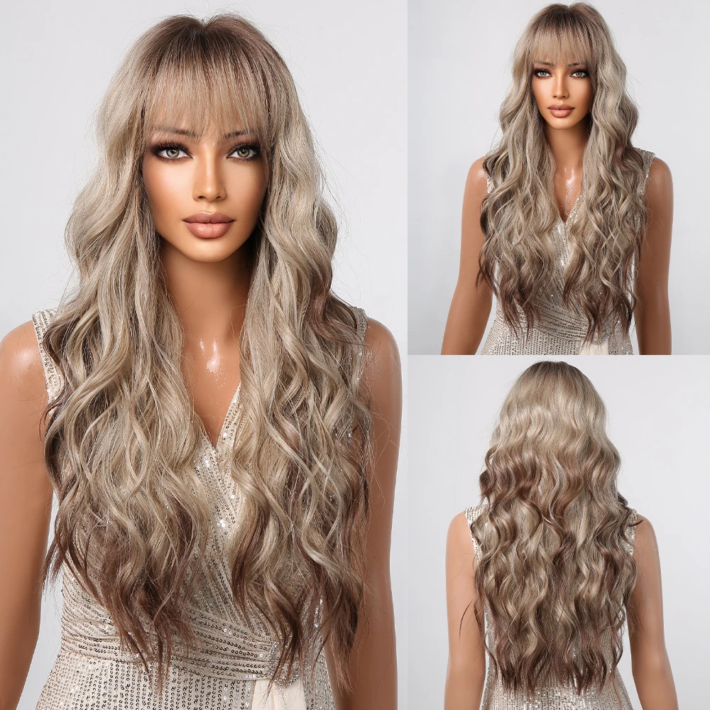 

Long Wavy Synthetic Wigs with Bangs Ombre Brown Blonde Wigs with Bang for Women Daily Cosplay Party Natural Heat Resistant Fiber