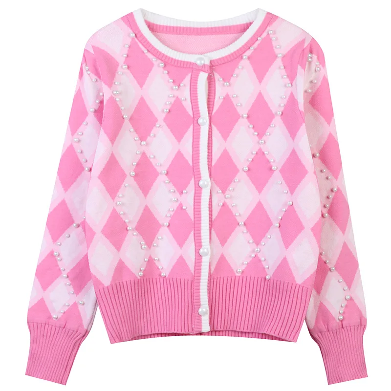 Spring 2022 Sweet Cardigan Sweters for Women O-Neck Slim Beading Argyle Knitting Pink Cardigan Women Clothing
Spring 2022 Sweet Cardigan Sweters for Women O-Neck Slim Beading Argyle Knitting Pink Cardigan Women Clothing