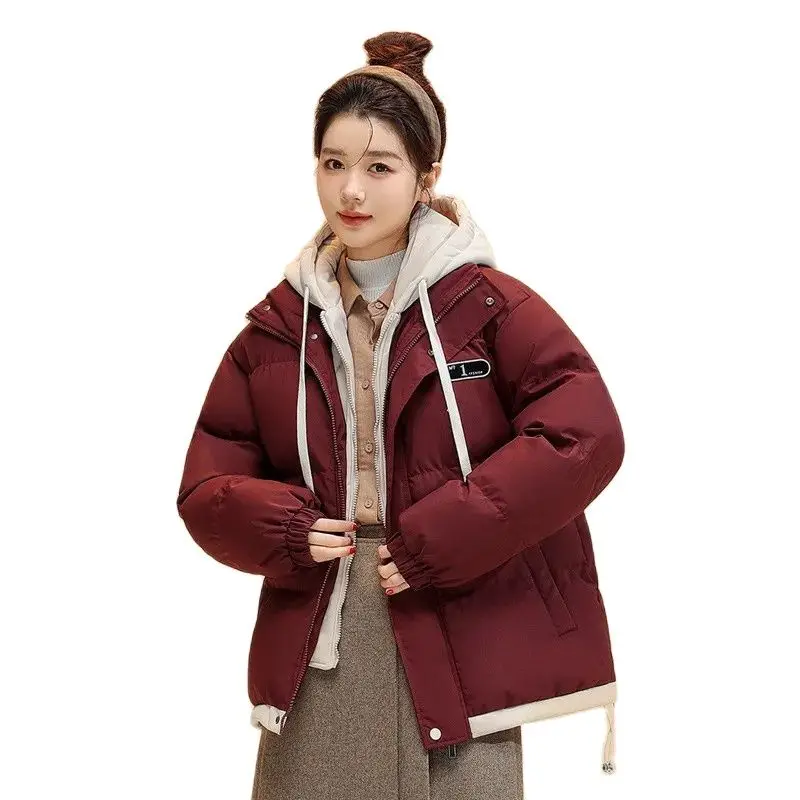 

Женская зимняя куртка 2023, рубашки с имитацией двух частей из хлопка, унисекс, новый трендовый свитер контрастных цветов, утепленное теплое пальто с капюшоном
