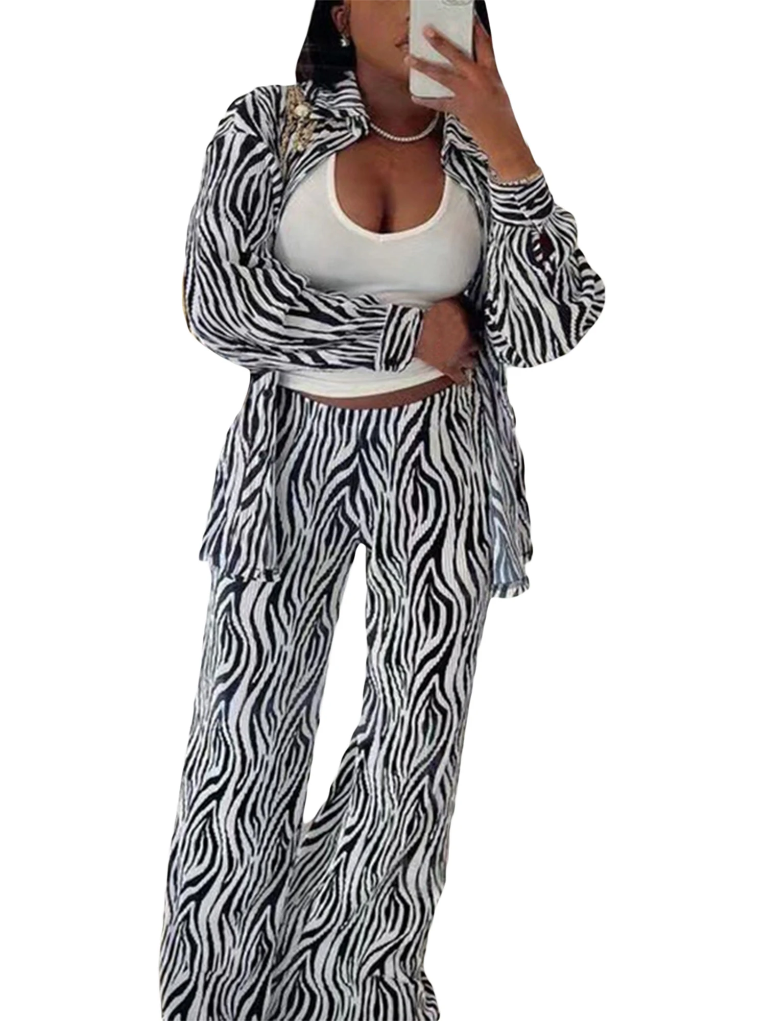 

Women s Y2K 2 Piece Pants Set Stylish Long Sleeve Shirt with Button Down Detail and Comfy Wide Leg Pants - Perfect Loungewear