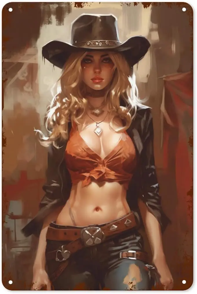 Cowgrl Pnup Grls Metl Tn Sgn Vntge Home Ktchen Wll Decor Ретро Кофе rt 8x12 nch