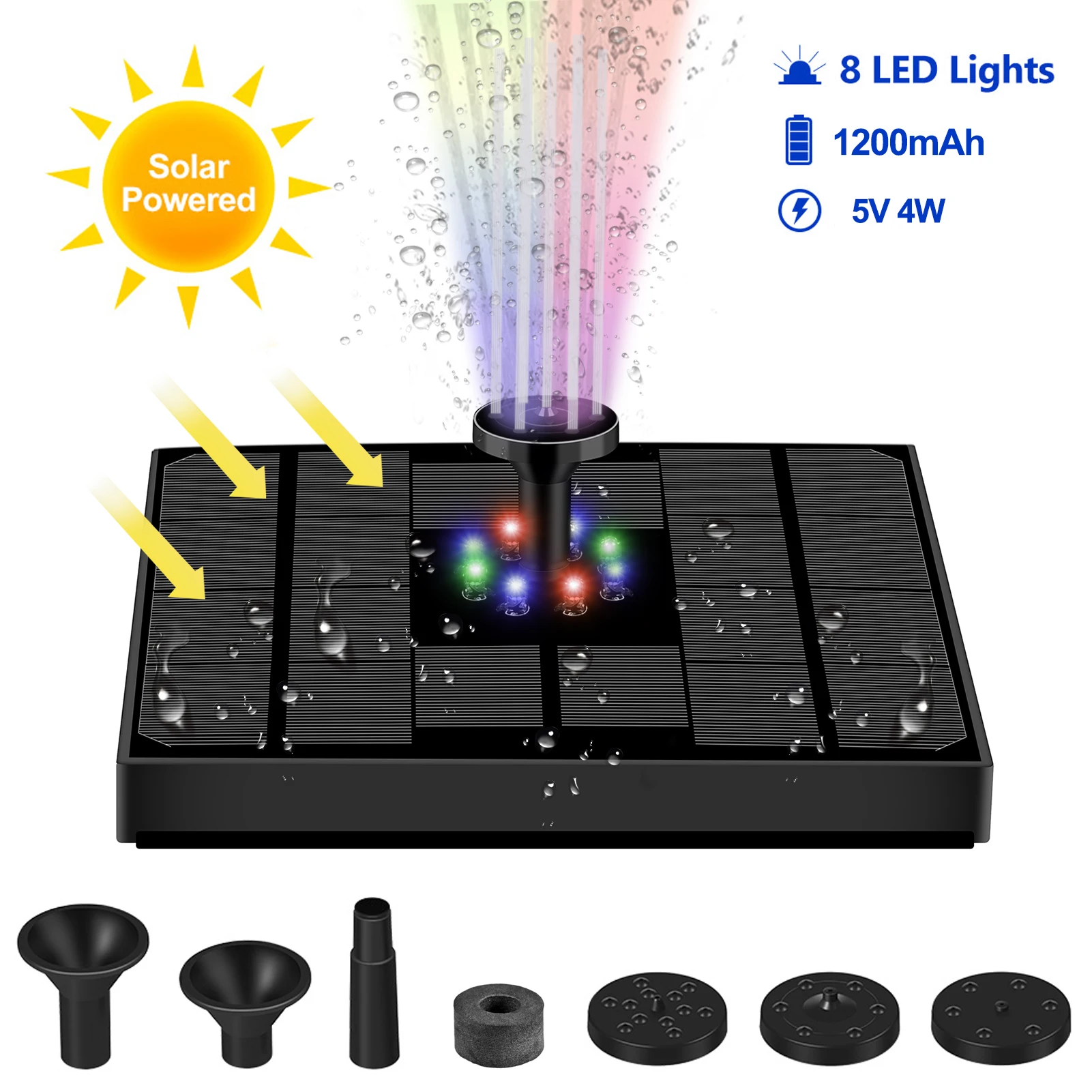 5V/4W Upgraded Solar Fountain with 8LED Lights 4 in 1 Nozzle Solar Fountain Pump for Garden, Bird Bath, Pond, Swimming Pool
5V/4W Upgraded Solar Fountain with 8LED Lights 4 in 1 Nozzle Solar Fountain Pump for Garden, Bird Bath, Pond, Swimming Pool