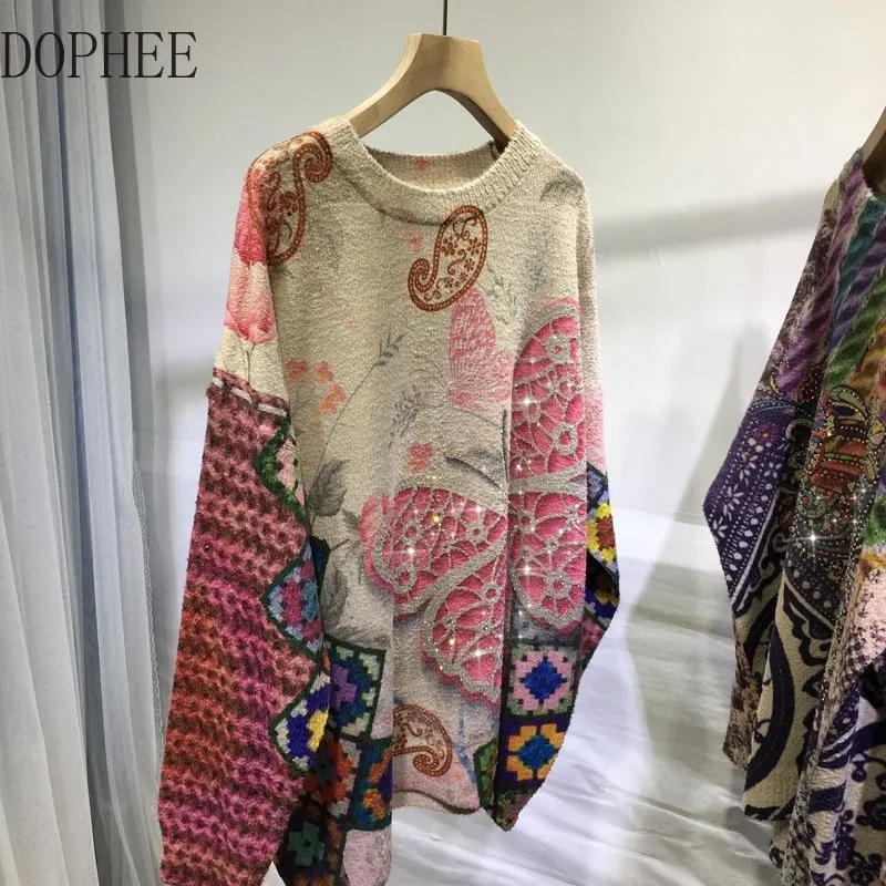 New Autumn Winter Women Jumpers Vintage Printed Hot Drilling Loose O-neck Knitted Top All-match Casual Streetwear Knit Sweater
New Autumn Winter Women Jumpers Vintage Printed Hot Drilling Loose O-neck Knitted Top All-match Casual Streetwear Knit Sweater