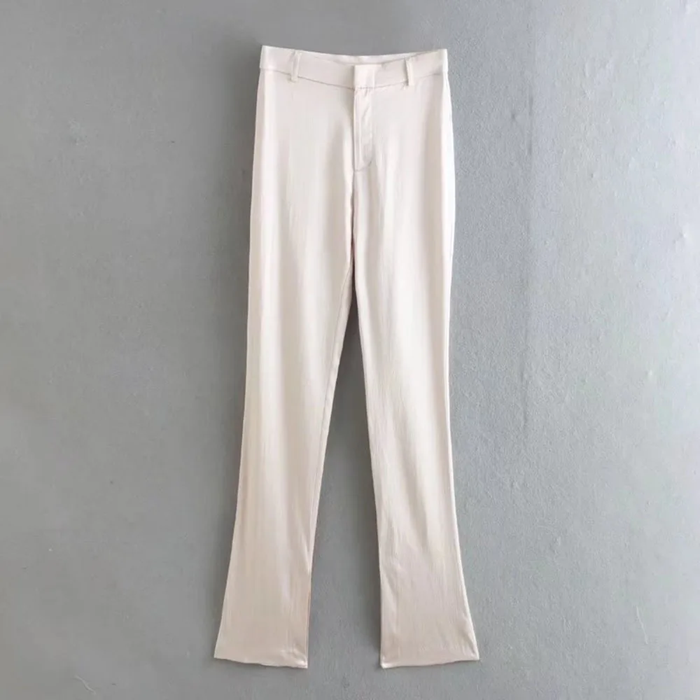 2022 Female clothing light pink bell-bottomed pants Vintage side slit zipper access control Women pants high waist
2022 Female clothing light pink bell-bottomed pants Vintage side slit zipper access control Women pants high waist