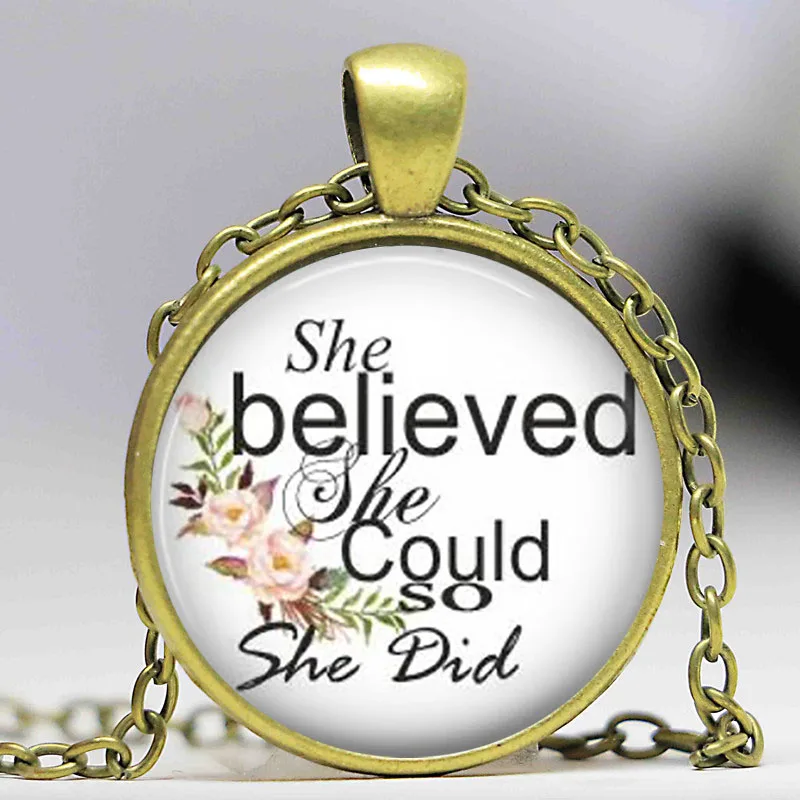 

2022 She Believed She Could So She Did Necklace Jewelry Quote Girl Birthday Graduation Inspirational Chain Glass