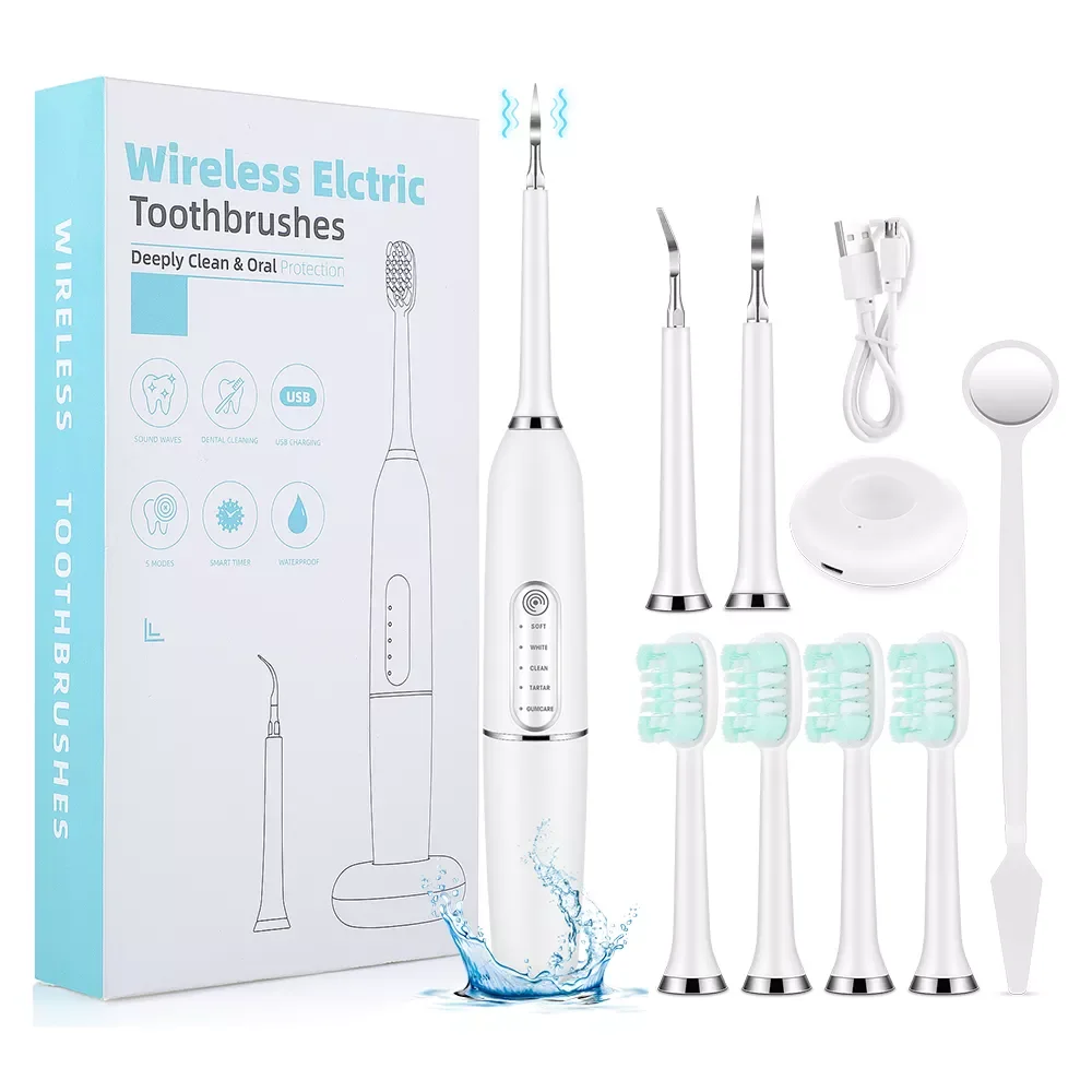 Electric Toothbrush Sonic Dental Calculus Scaler Oral Teeth Tartar Remover Plaque Stain Cleaner Removal Teeth White IPX7 4 heads
Electric Toothbrush Sonic Dental Calculus Scaler Oral Teeth Tartar Remover Plaque Stain Cleaner Removal Teeth White IPX7 4 heads
