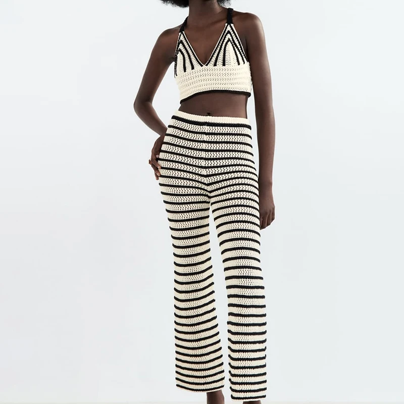 2022 Spring Summer Women Striped Knit Short Backless Cross Sling Versatile High Waist Knit Striped Pants Two Piece Suit DA2284
2022 Spring Summer Women Striped Knit Short Backless Cross Sling Versatile High Waist Knit Striped Pants Two Piece Suit DA2284