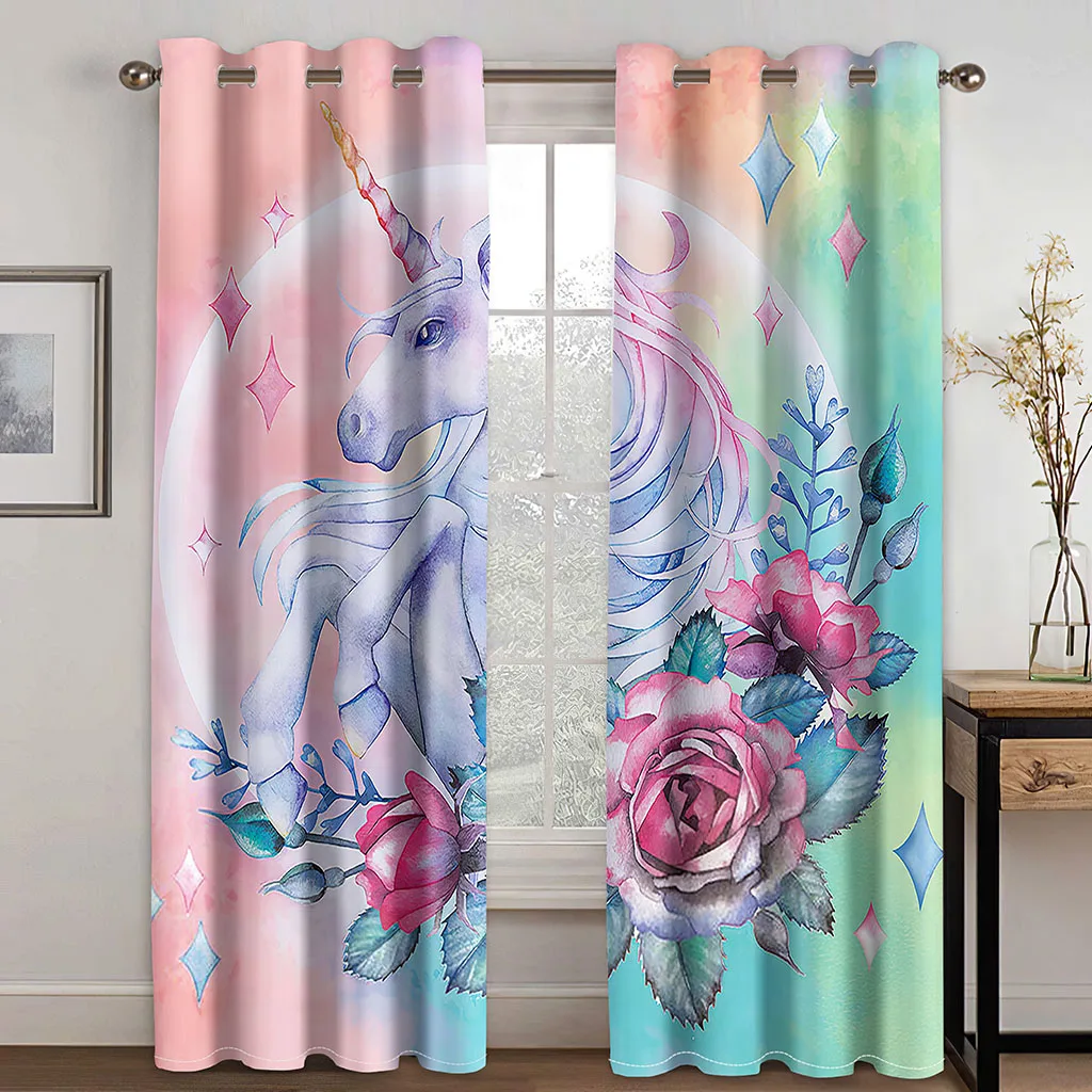 

Cortina decorativa para sala de estar, cortina con sombreado, patrón de unicornio rosa, decoración textil para el hogar,cortinas