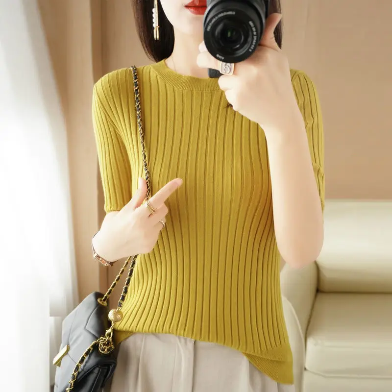 Summer Solid Color Short Sleeve Round Neck Slim All-match Sweater Commute Korean Version Striped Printed Women's Clothing Top
Summer Solid Color Short Sleeve Round Neck Slim All-match Sweater Commute Korean Version Striped Printed Women's Clothing Top