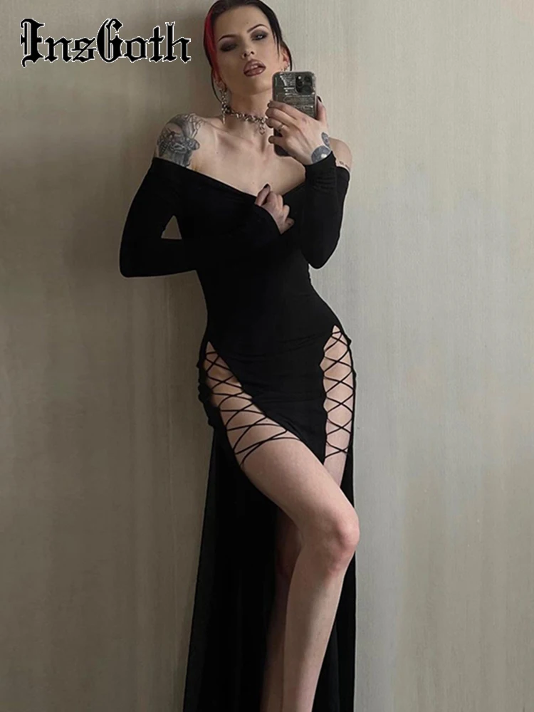 

InsGoth Gothic Off Shoulder Long Sleeves Bodycon Dresses Women's Sexy Slim Backless V Neck High Slit Criss Cross Bandge Dress