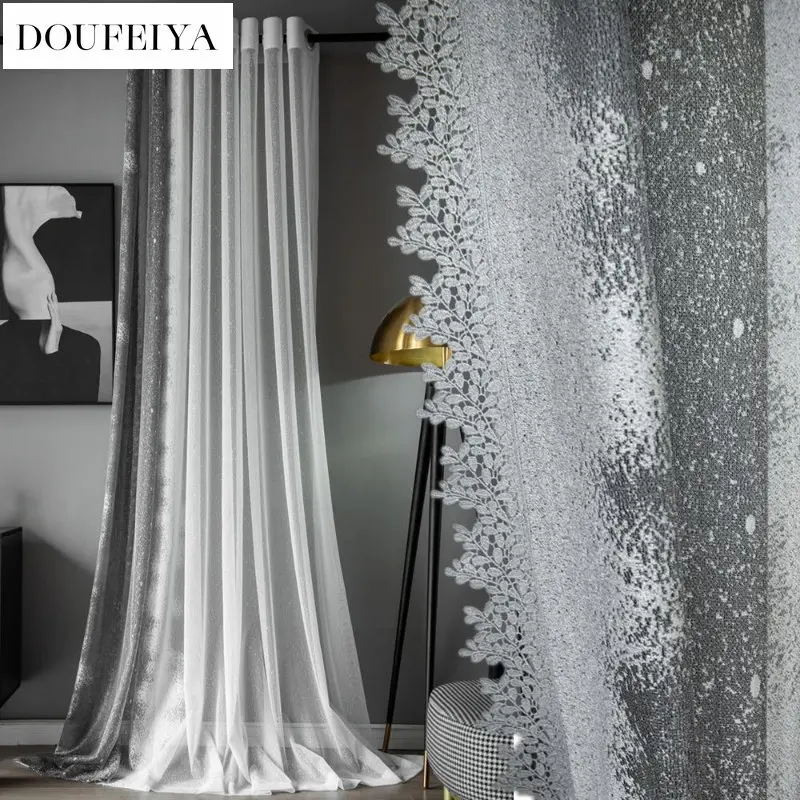 

Modern Gray Tulle Sheer voile Curtains for Living Room Bedroom Dining Luxury Semi Balcony Partition Window Drape Custom Size