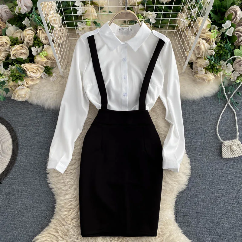 Casual Two Piece Sets Spring Summer Long Sleeve White Shirts Tops Suspender Pencil Mini Dress 2 Piece Set Office Lady Outfits 
Casual Two Piece Sets Spring Summer Long Sleeve White Shirts Tops Suspender Pencil Mini Dress 2 Piece Set Office Lady Outfits