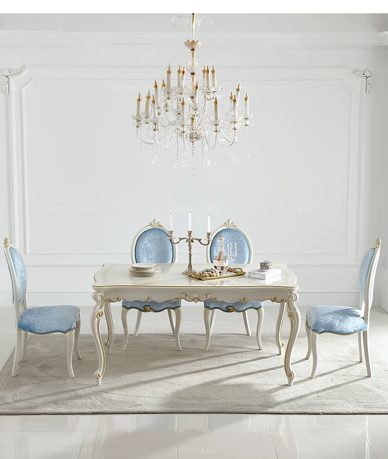 French pastoral style European romantic small house type 1.6m solid wood birch carved long dining table and chair combination
French pastoral style European romantic small house type 1.6m solid wood birch carved long dining table and chair combination