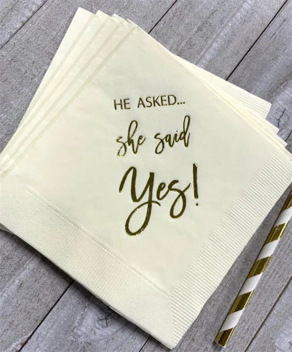 

Ivory Ecru with Metallic Gold Foil Cocktail Beverage Napkins He Asked She said Yes Engagement Party - SHIPS in 50 HOURS or less!